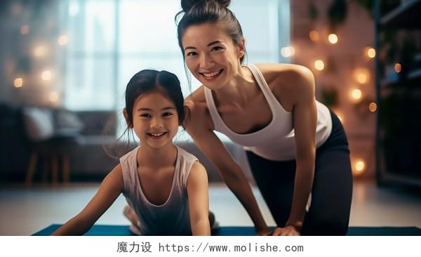 亲子健身运动宝宝儿童和妈妈瑜伽居家运动拉伸锻炼温馨幸福场景